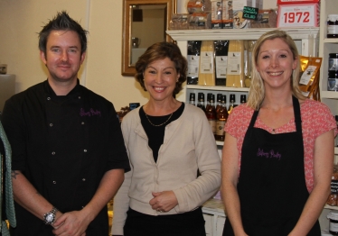 MP Rebecca Pow with Steve and Victoria Kiernan of Silvers Pantry, Monkton Heathf